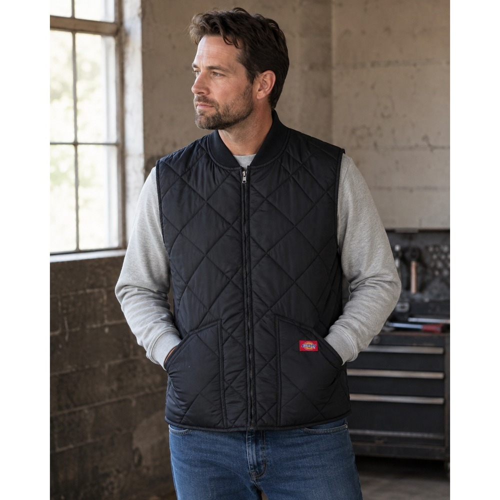 Dickies Men XL Quilted Vest Black Full Zip Diamond Padded Workwear Jacket Puffer